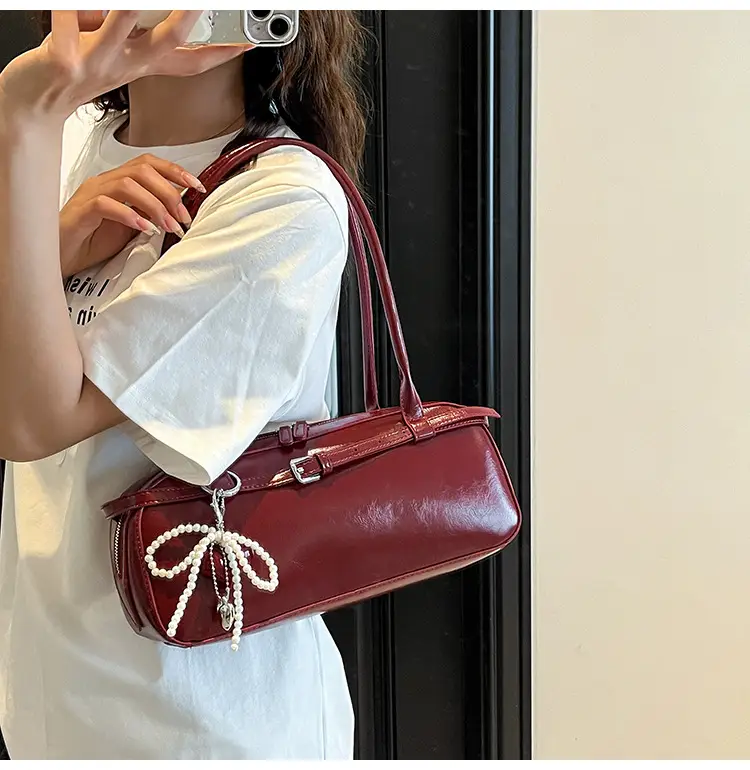 Women's Cream White Shoulder Bag with Pearl Keychain — feature 30