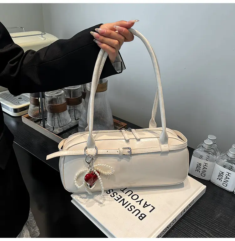 Women's Cream White Shoulder Bag with Pearl Keychain — feature 31