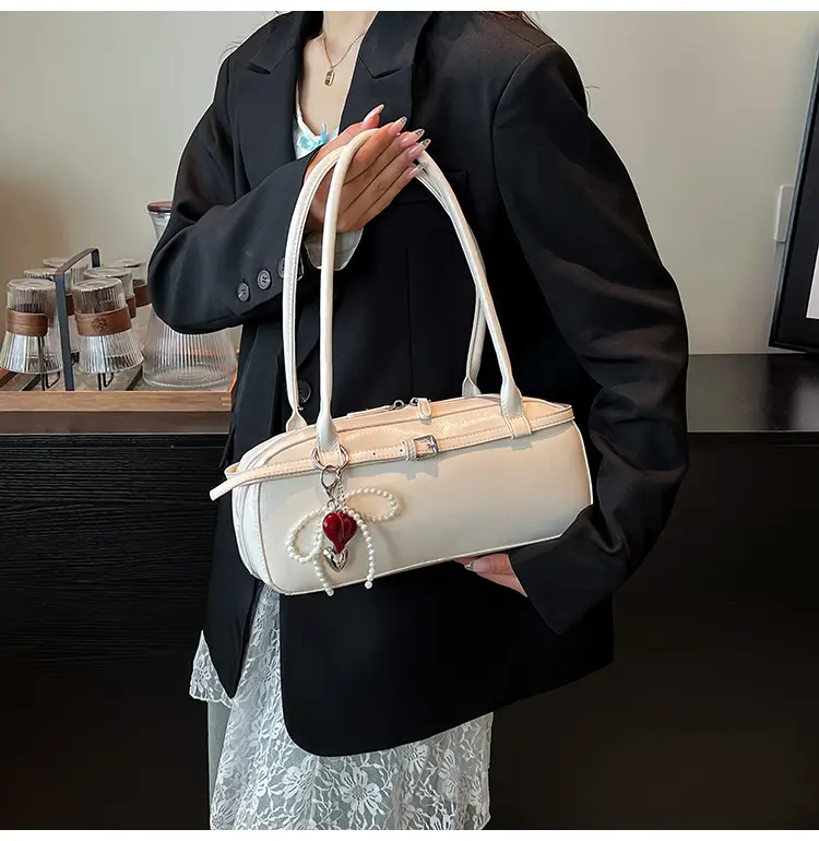 Women's Cream White Shoulder Bag with Pearl Keychain — feature 32