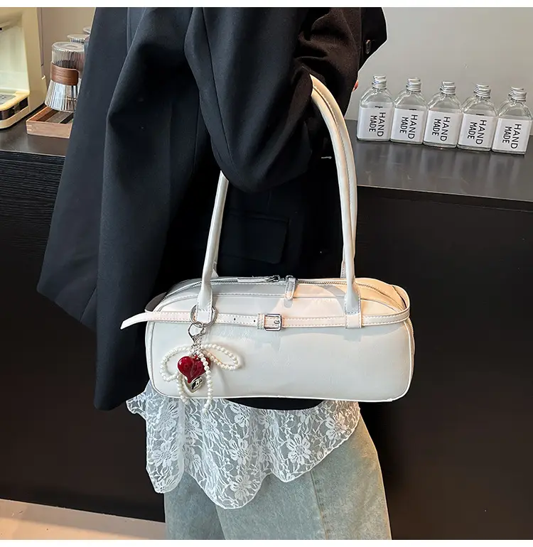 Women's Cream White Shoulder Bag with Pearl Keychain — feature 33