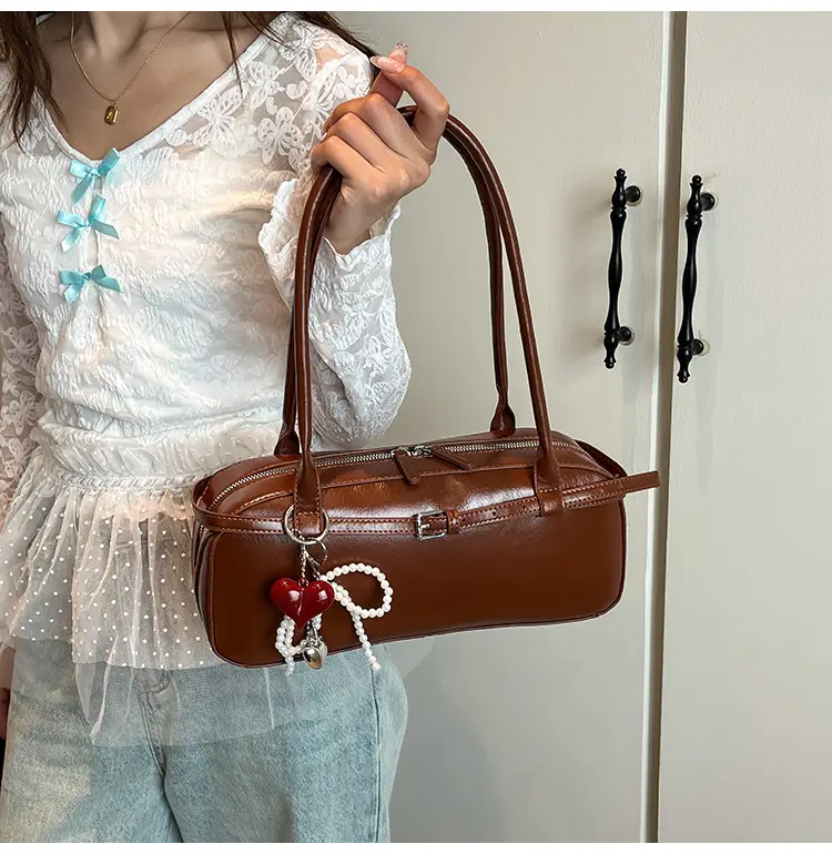 Women's Cream White Shoulder Bag with Pearl Keychain — feature 34