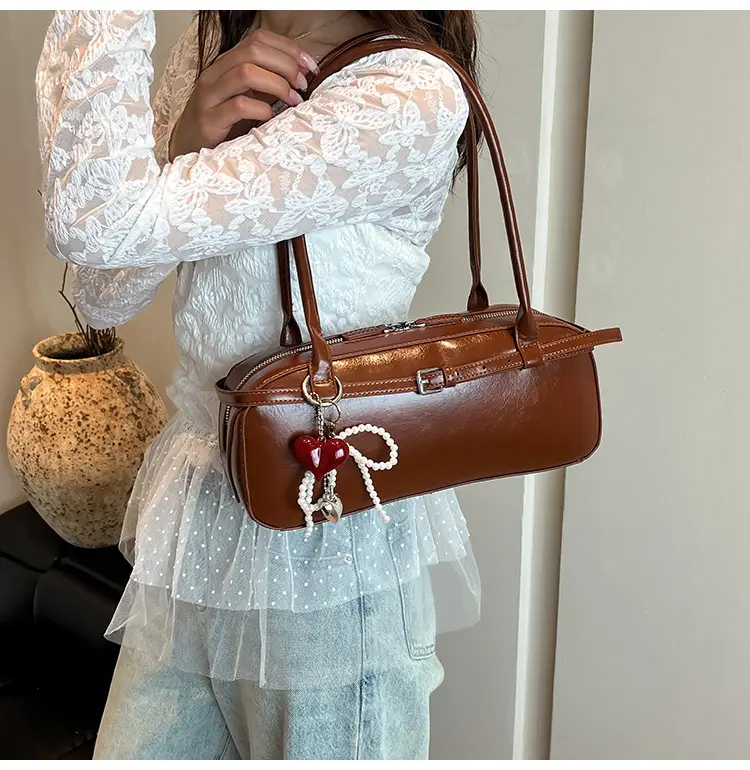Women's Cream White Shoulder Bag with Pearl Keychain — feature 35
