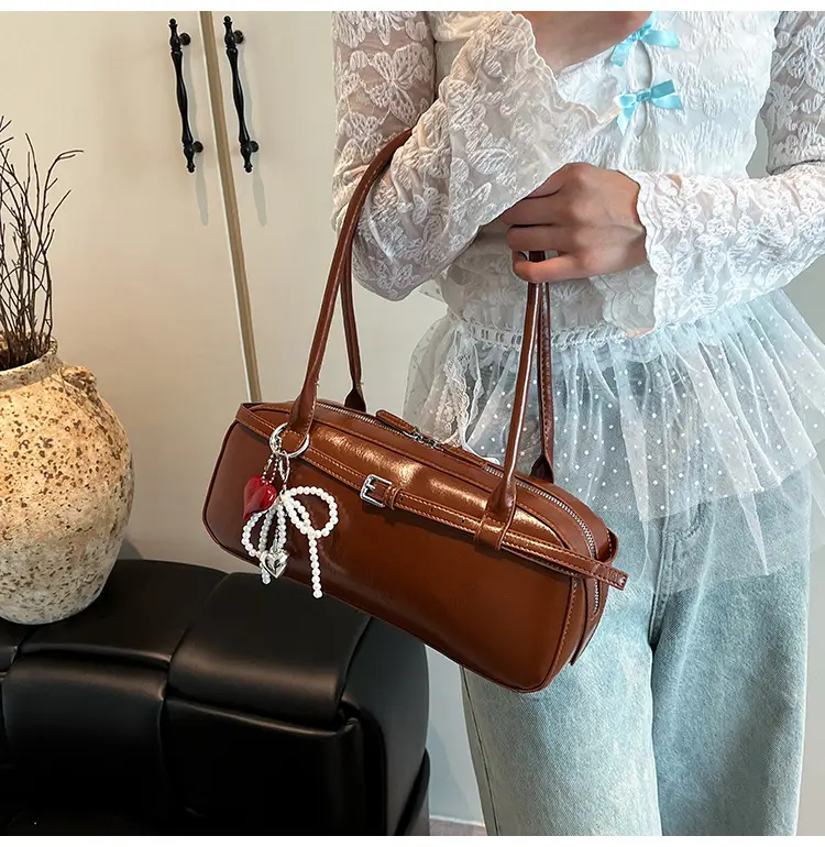 Women's Cream White Shoulder Bag with Pearl Keychain — feature 36