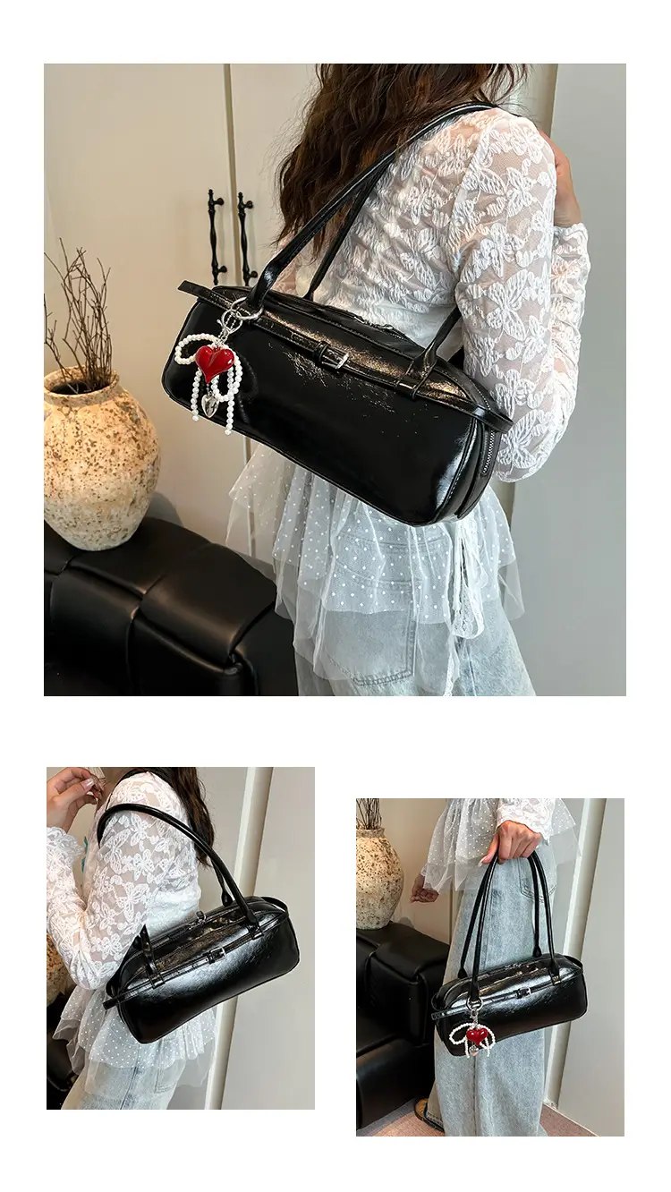 Women's Cream White Shoulder Bag with Pearl Keychain — feature 4