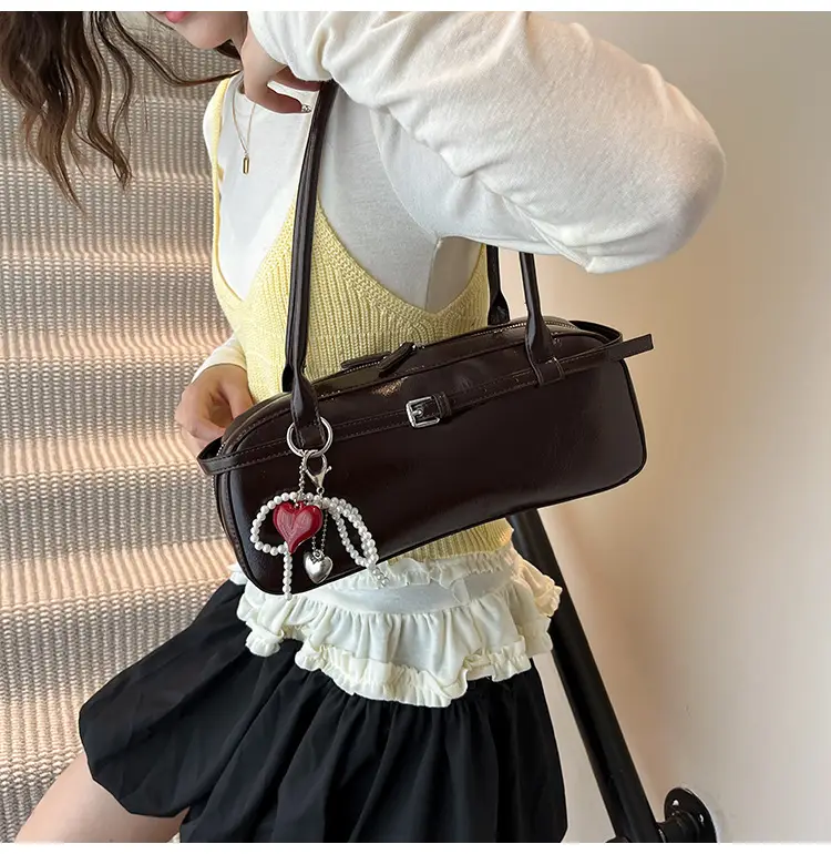 Women's Cream White Shoulder Bag with Pearl Keychain — feature 42