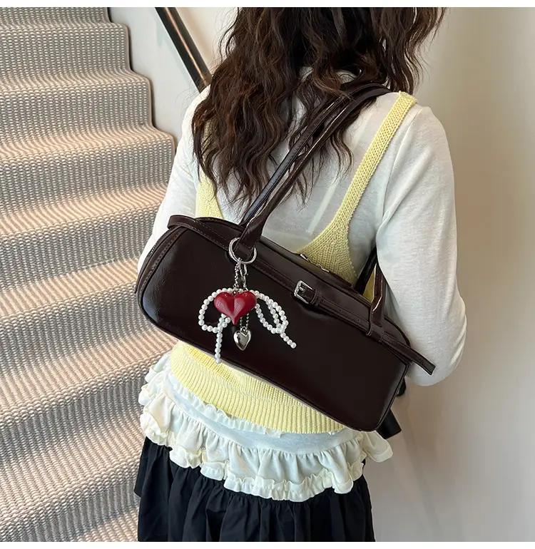 Women's Cream White Shoulder Bag with Pearl Keychain — feature 43