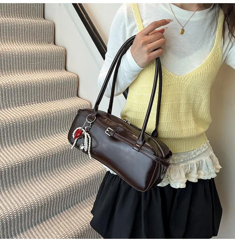 Women's Cream White Shoulder Bag with Pearl Keychain — feature 44