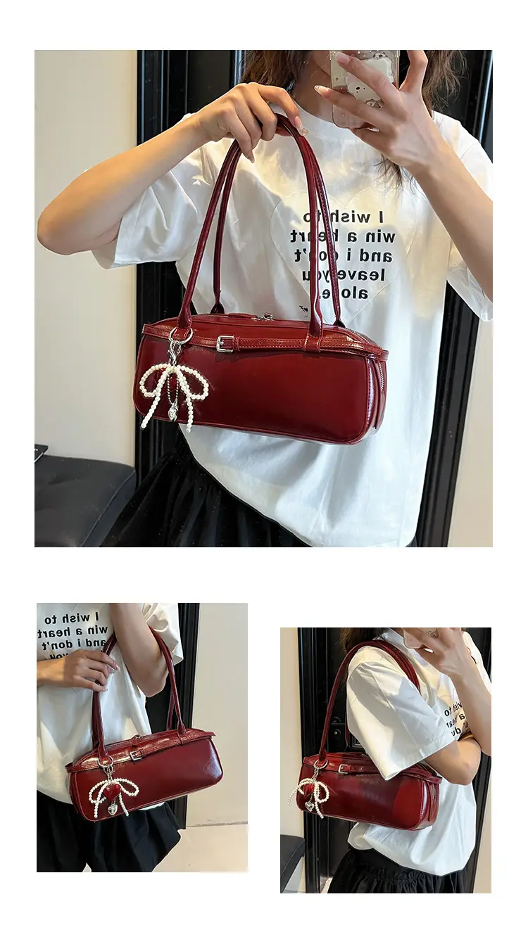 Women's Cream White Shoulder Bag with Pearl Keychain — feature 5