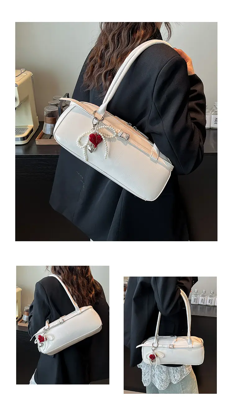 Women's Cream White Shoulder Bag with Pearl Keychain — feature 6