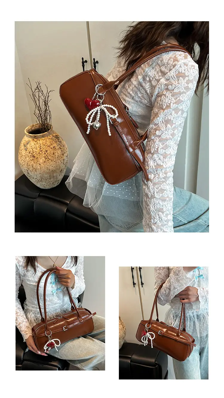 Women's Cream White Shoulder Bag with Pearl Keychain — feature 7