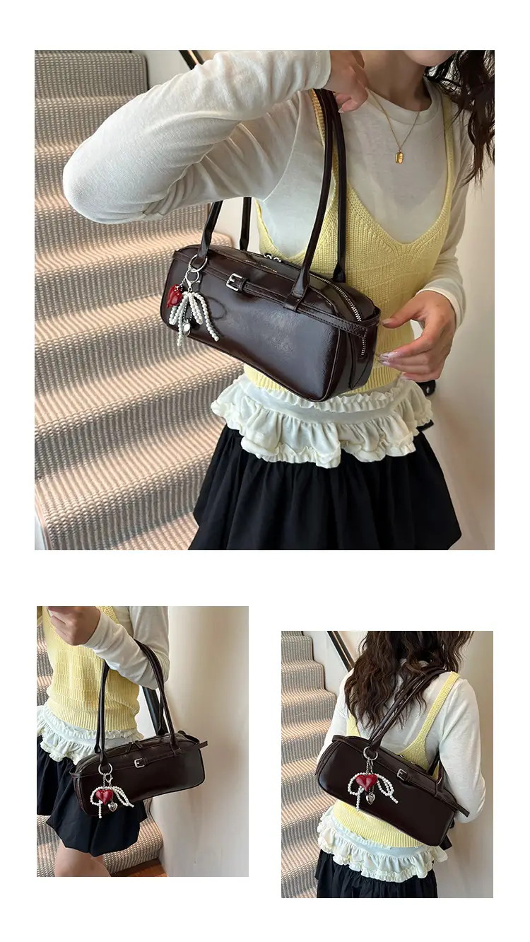 Women's Cream White Shoulder Bag with Pearl Keychain — feature 8