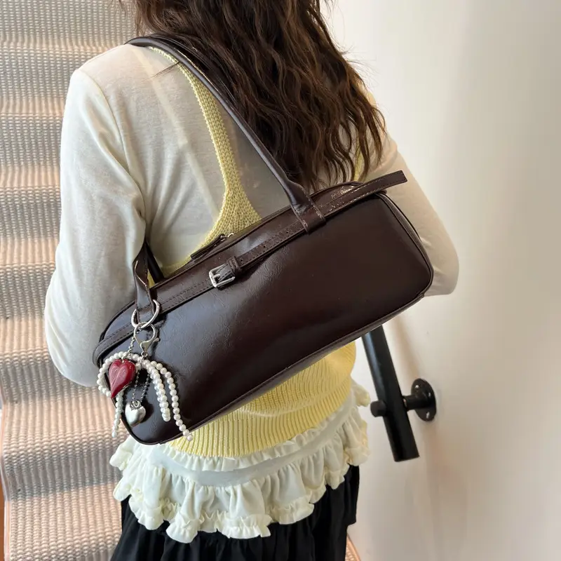 Women's Cream White Shoulder Bag with Pearl Keychain - Image 2