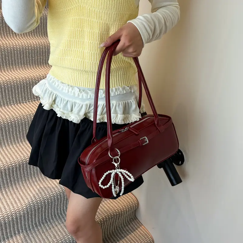 Women's Cream White Shoulder Bag with Pearl Keychain - Image 4