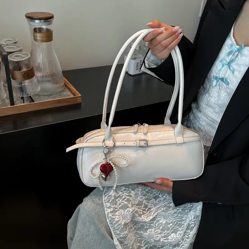 Women's Cream White Shoulder Bag with Pearl Keychain - Image 5