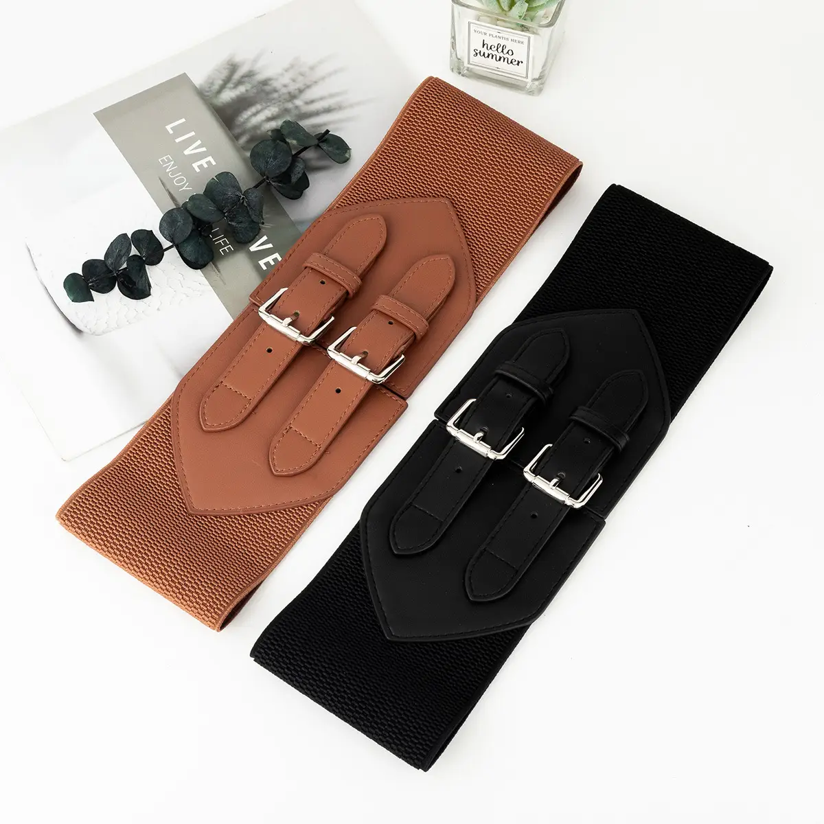 Black Ultra-wide Waist Belt with Double Buckle for Women