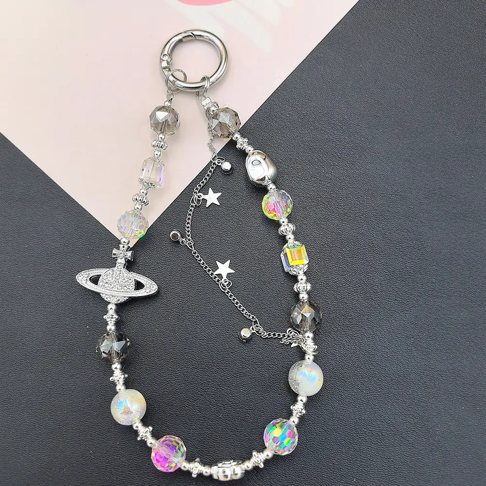 Crystal Beaded Bracelet with Saturn & Mobile Hanging Chain - Image 2