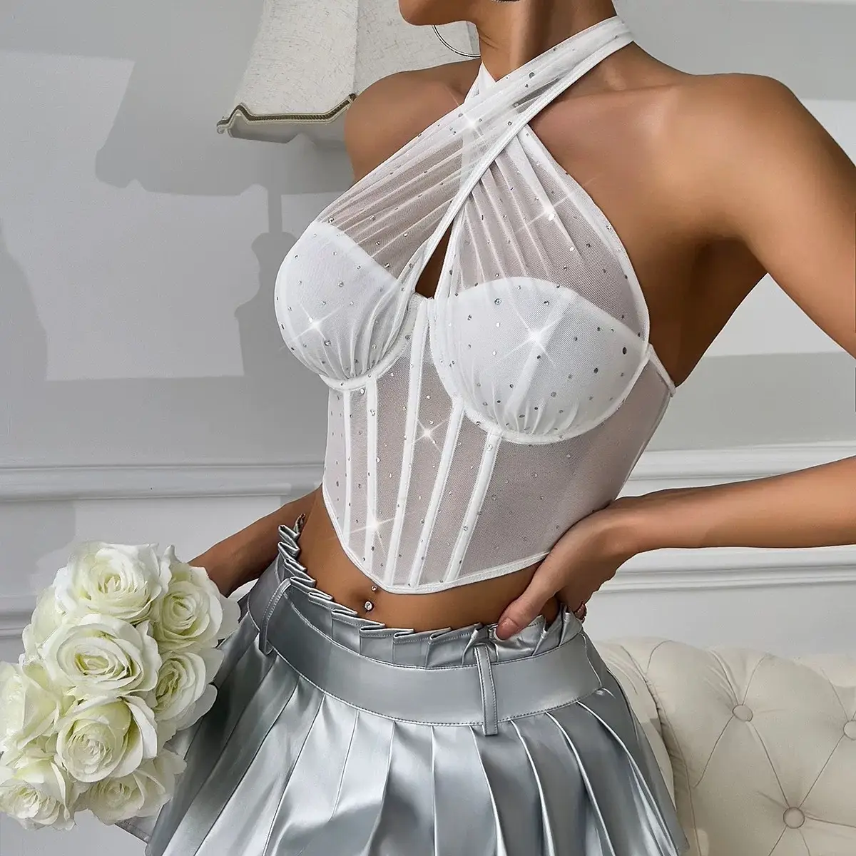 Mesh Push-Up Camisole Corset Sparkling Fishbone Top — feature 14
