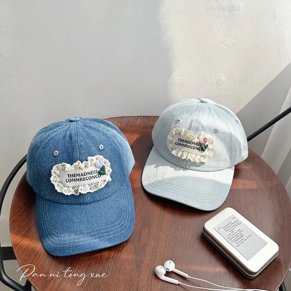 Women's Wash Denim Baseball Cap Blue Lace Face Small - Image 5