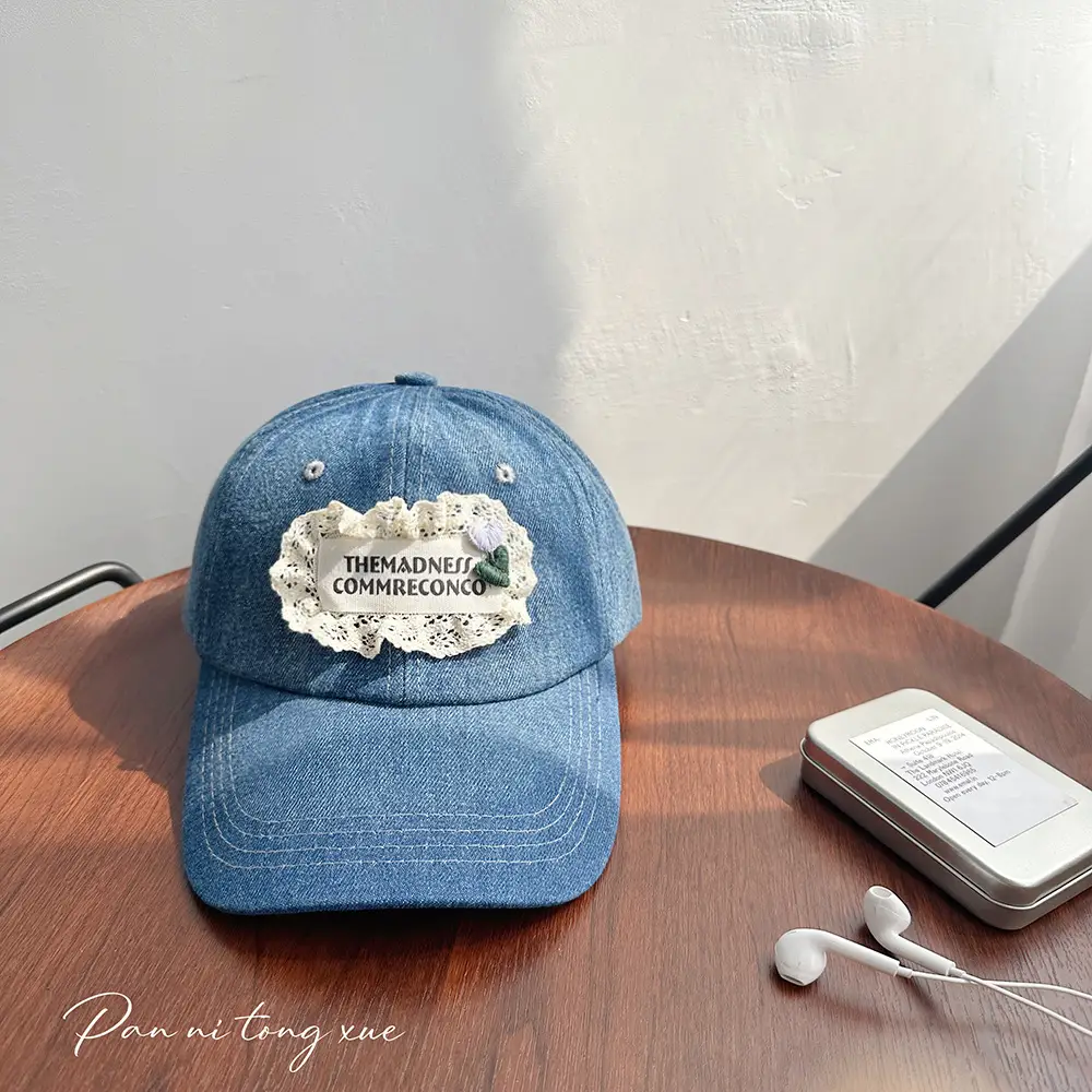 Women's Wash Denim Baseball Cap Blue Lace Face Small - Image 3