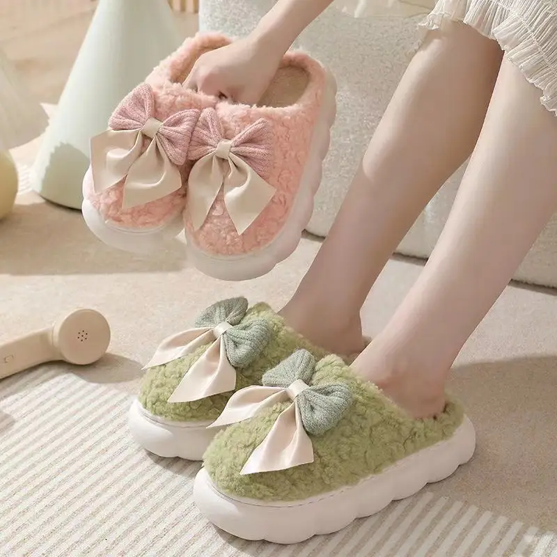Autumn and Winter Couple Bow Thick-Soled Slippers Women's Plush Warm Fleece-Lined Thickeneded Home Indoor Household Cotton Slippers