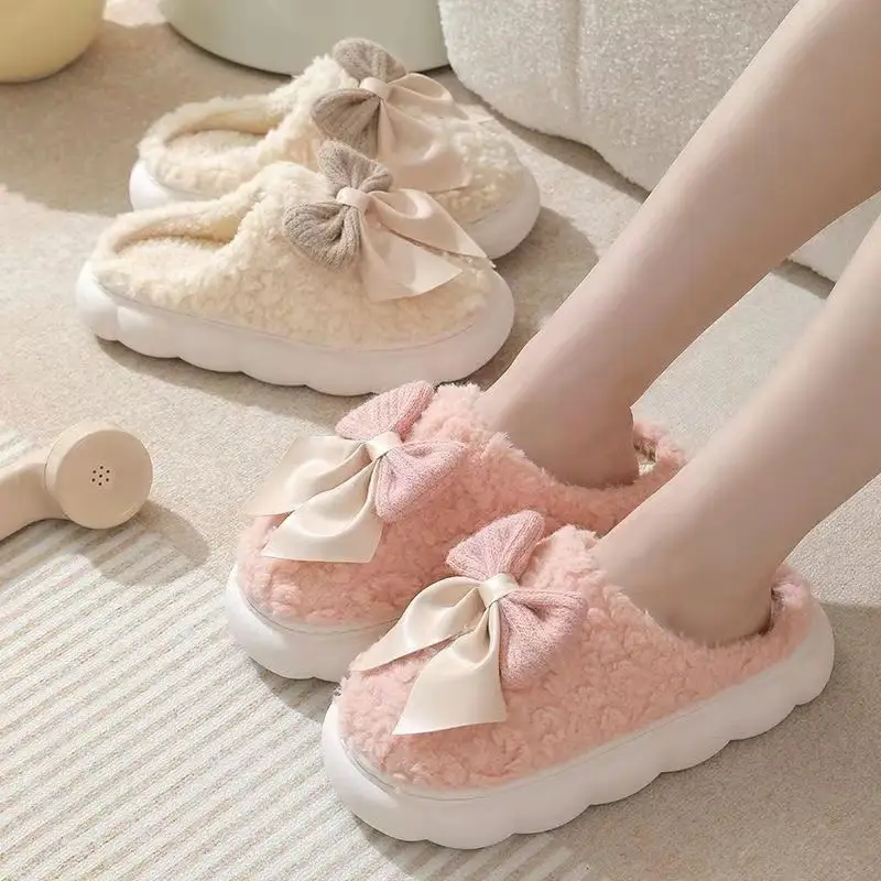 Autumn and Winter Couple Bow Thick-Soled Slippers Women's Plush Warm Fleece-Lined Thickeneded Home Indoor Household Cotton Slippers