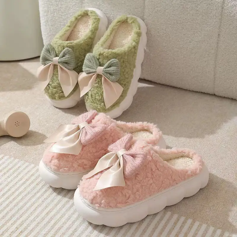 Autumn and Winter Couple Bow Thick-Soled Slippers Women's Plush Warm Fleece-Lined Thickeneded Home Indoor Household Cotton Slippers