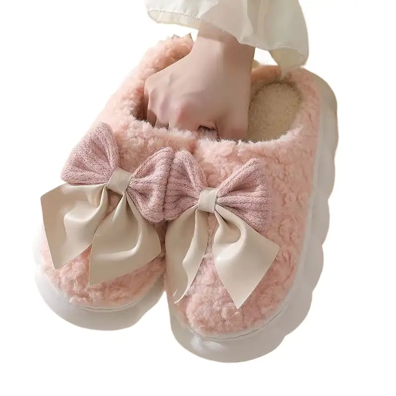 Autumn and Winter Couple Bow Thick-Soled Slippers Women's Plush Warm Fleece-Lined Thickeneded Home Indoor Household Cotton Slippers
