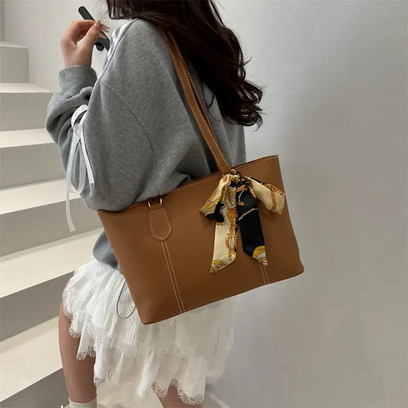 Tan Silk Scarf Shoulder Tote Bag Large Capacity