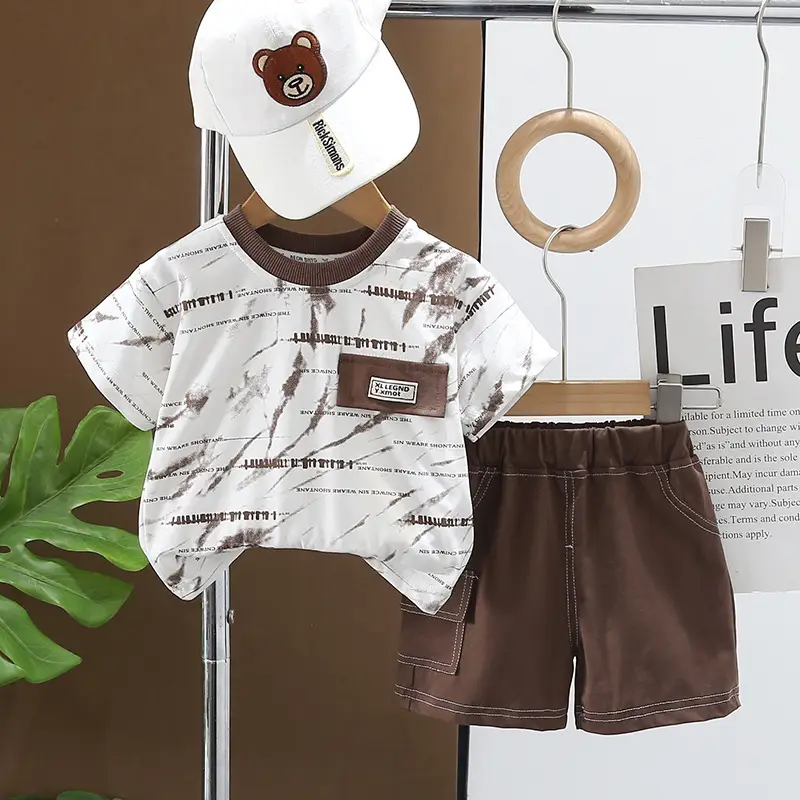 Boys Printed Cotton Shorts Set Summer Casual Brown Black - Image 2