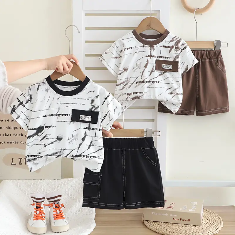 Boys Printed Cotton Shorts Set Summer Casual Brown Black - Image 4