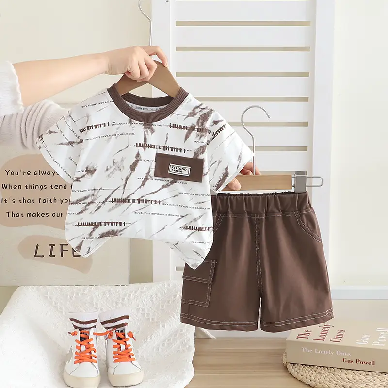 Boys Printed Cotton Shorts Set Summer Casual Brown Black — feature 1