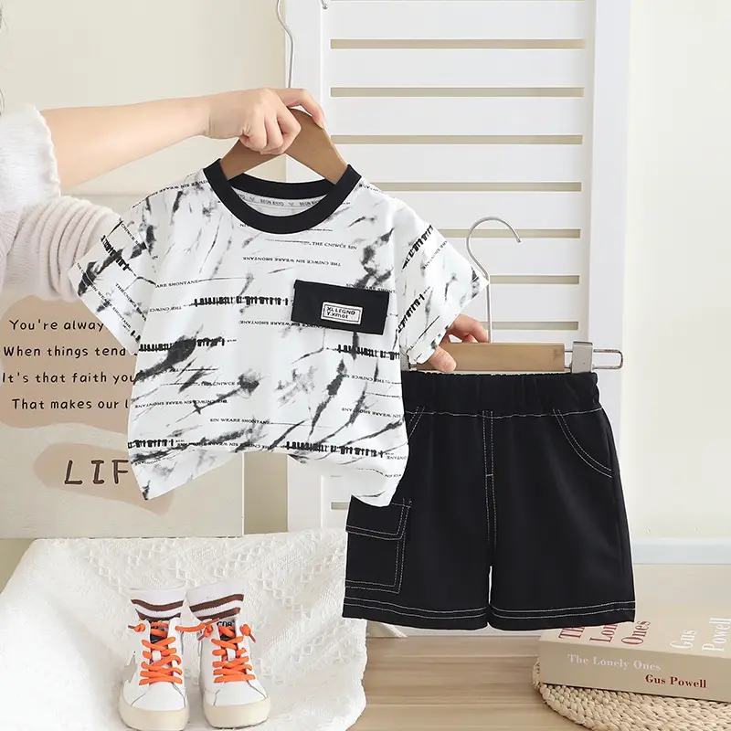 Boys Printed Cotton Shorts Set Summer Casual Brown Black — feature 2
