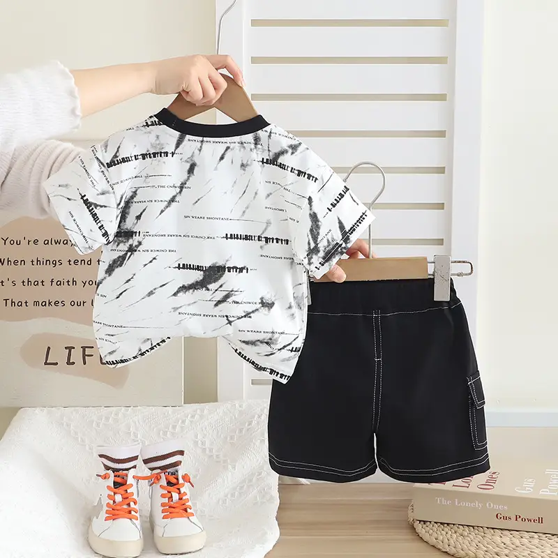 Boys Printed Cotton Shorts Set Summer Casual Brown Black — feature 4