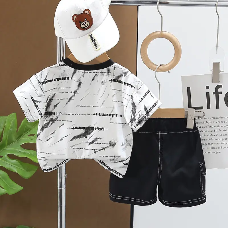Boys Printed Cotton Shorts Set Summer Casual Brown Black — feature 7