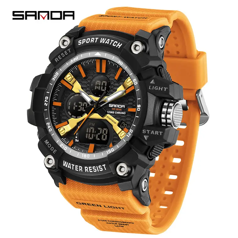 Sanda Men's Water Resistant Multifunctional Watch Orange Strap - Image 17