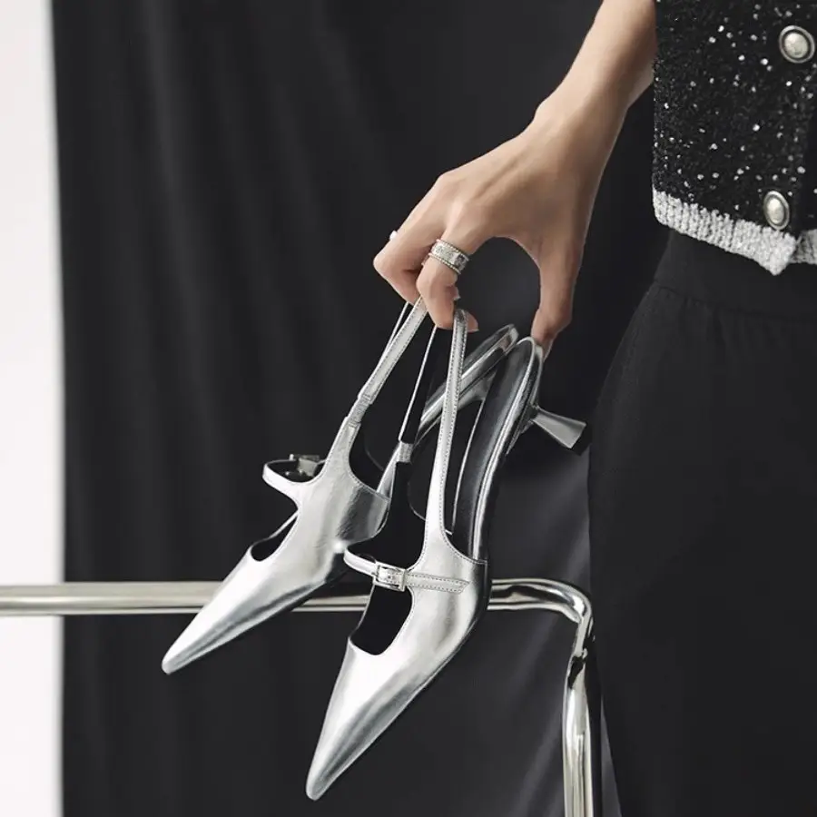 Beautiful Elegant Korean Star Style Thin Heel Baotou Sandals Women's Spring Summer and Autumn Pointed High Heel Empty Shoes for Women