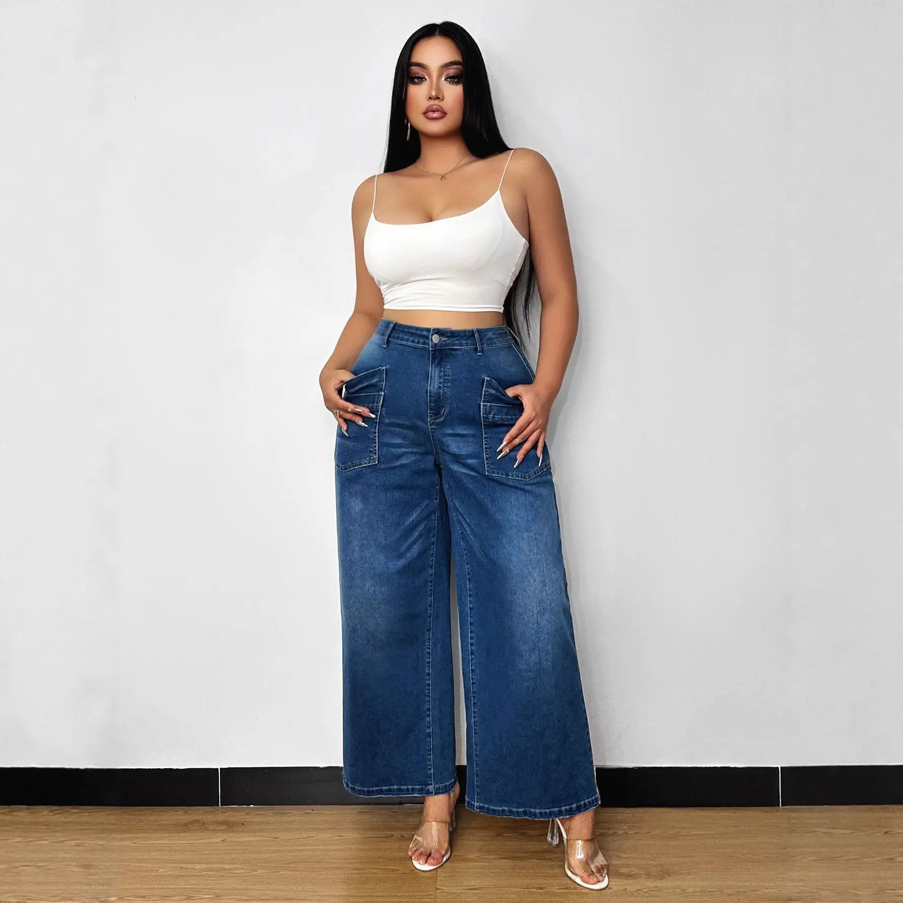 Dark Blue Wide Leg Culottes Jeans for Women New Spring