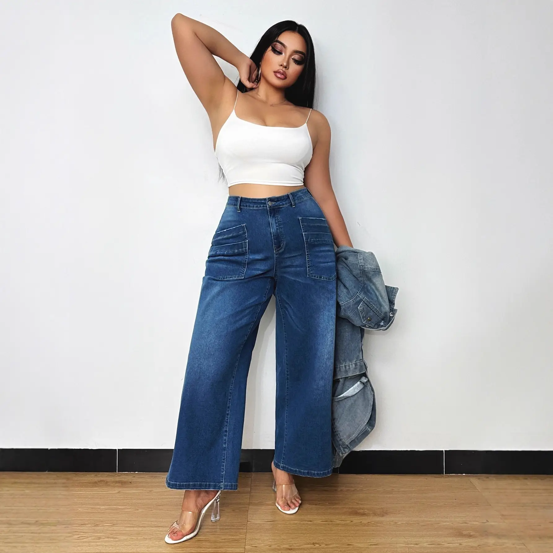 Dark Blue Wide Leg Culottes Jeans for Women New Spring