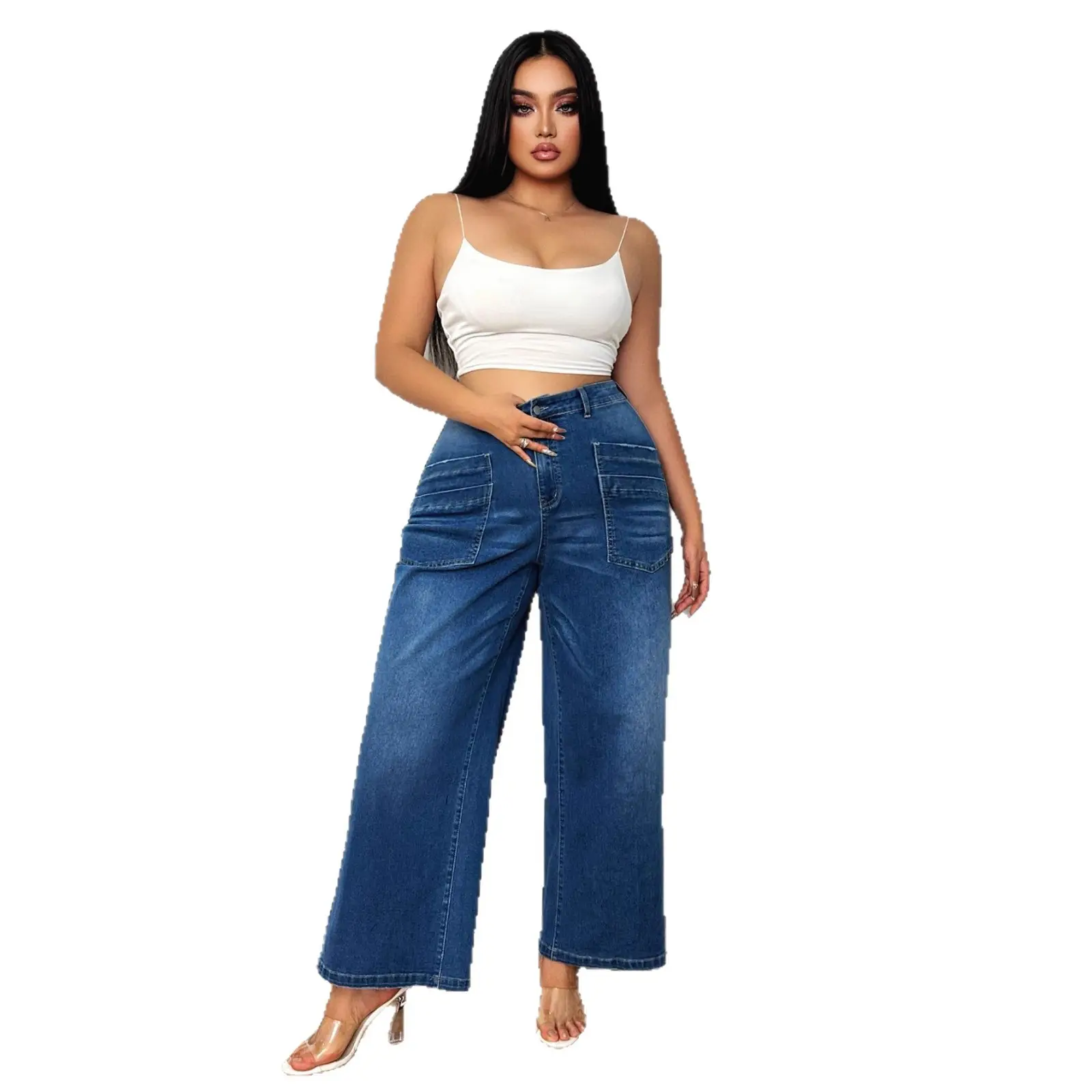 Dark Blue Wide Leg Culottes Jeans for Women New Spring