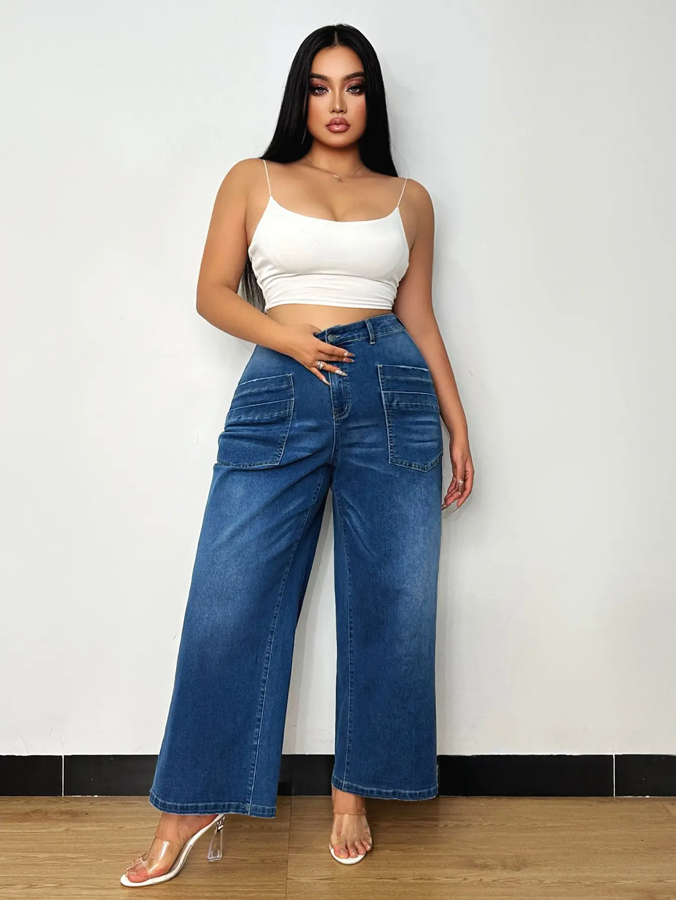 Dark Blue Wide Leg Culottes Jeans for Women New Spring — feature 7