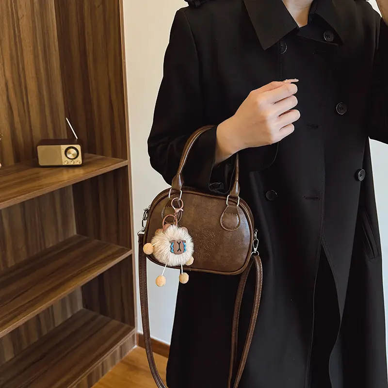 Brown Shell Handbag with Keychain for Women - Image 5