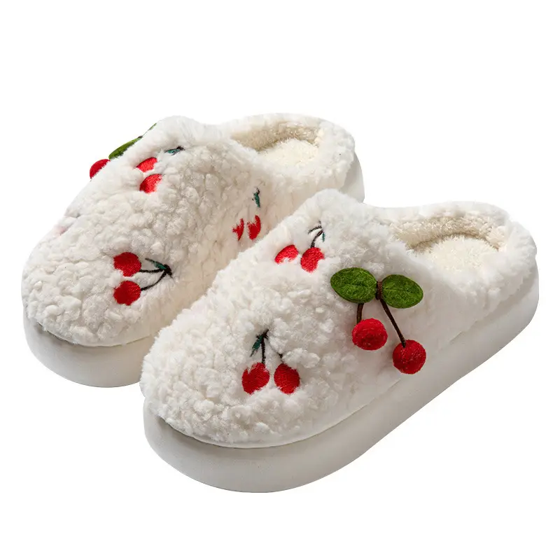 Thick-Soled Cherry Cotton Slippers for Women in Autumn and Winter Fleece-Lined, Ultra-Thick and Warm for Home Use, Student Slippers with Poop Feeling, Wholesale