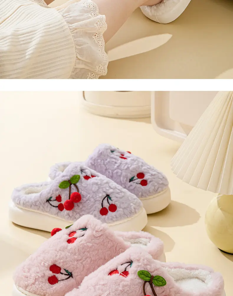 Thick-Soled Cherry Cotton Slippers for Women in Autumn and Winter Fleece-Lined, Ultra-Thick and Warm for Home Use, Student Slippers with Poop Feeling, Wholesale — feature 2
