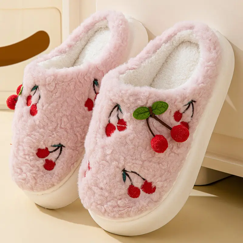 Thick-Soled Cherry Cotton Slippers for Women in Autumn and Winter Fleece-Lined, Ultra-Thick and Warm for Home Use, Student Slippers with Poop Feeling, Wholesale