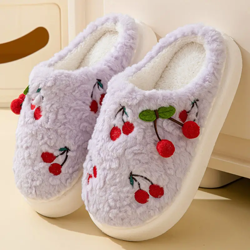 Thick-Soled Cherry Cotton Slippers for Women in Autumn and Winter Fleece-Lined, Ultra-Thick and Warm for Home Use, Student Slippers with Poop Feeling, Wholesale
