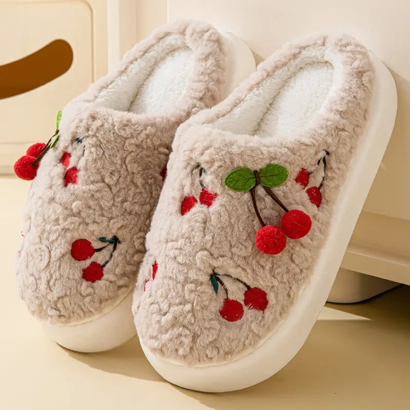 Thick-Soled Cherry Cotton Slippers for Women in Autumn and Winter Fleece-Lined, Ultra-Thick and Warm for Home Use, Student Slippers with Poop Feeling, Wholesale