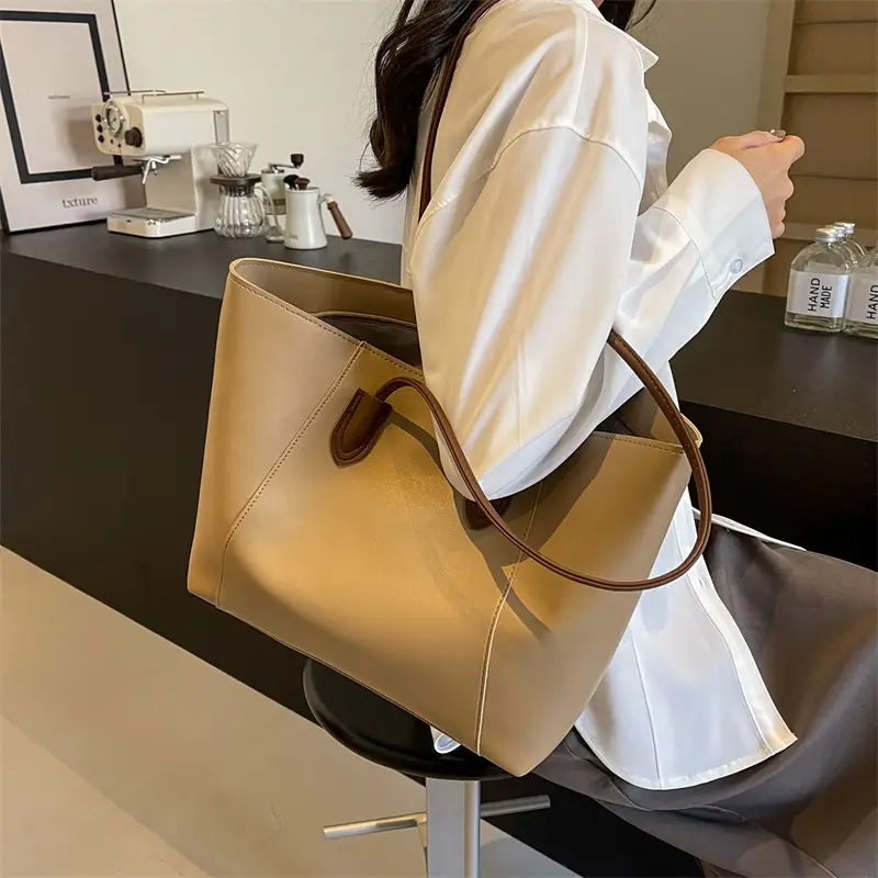 Women's Cream Tote Bag Large Capacity Leather Handle - Image 6