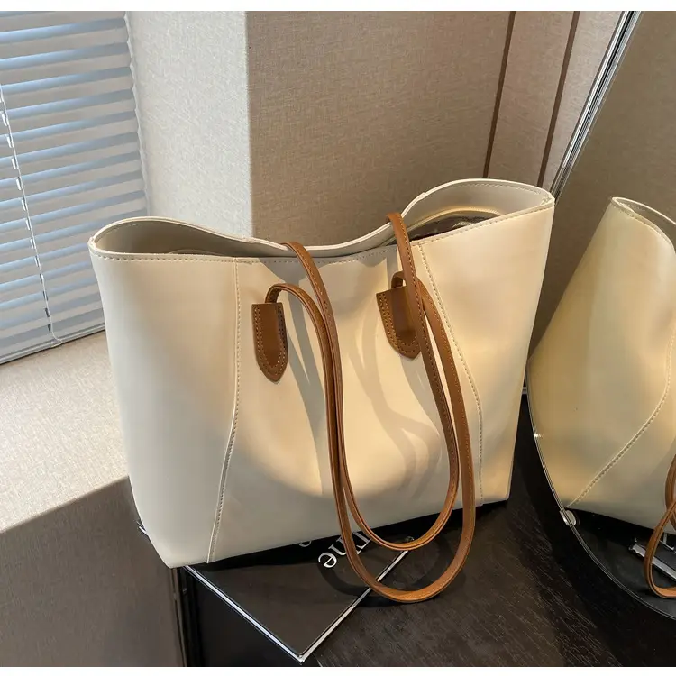 Women's Cream Tote Bag Large Capacity Leather Handle — feature 14