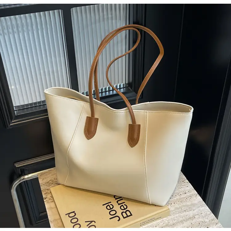 Women's Cream Tote Bag Large Capacity Leather Handle - Image 4
