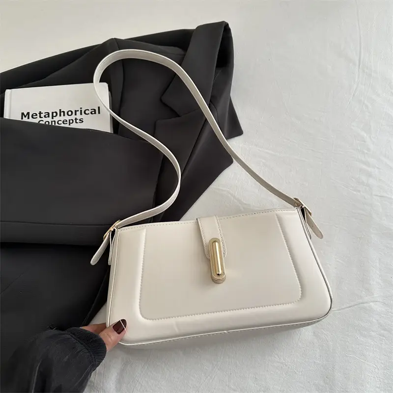 White Minimalist Crossbody Bag with Lock Buckle - Image 2